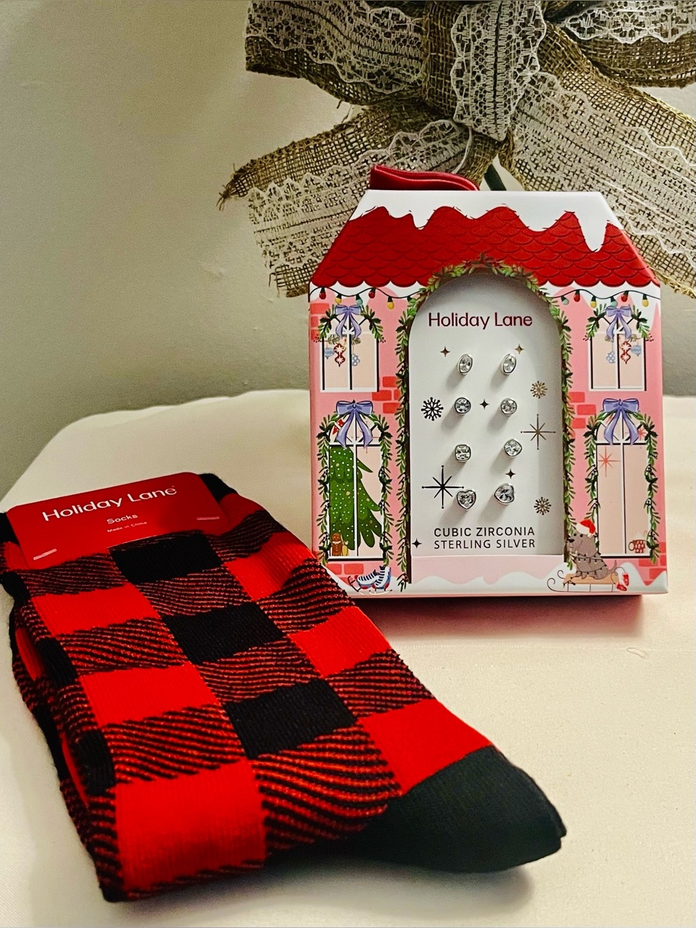 HOLIDAY LANE Red & Black Buffalo Plaid Socks with Sterling Silver CZ Earring Set